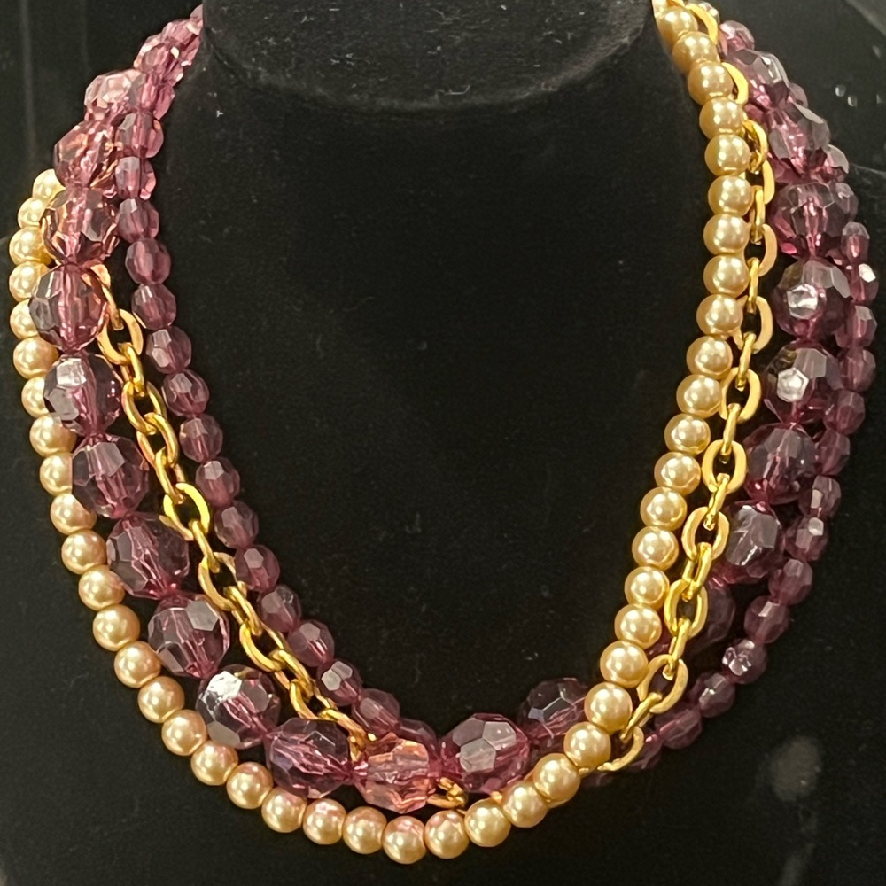 New Purple diamond cut bead Pearl Gold beaded chain twisted statement necklace
